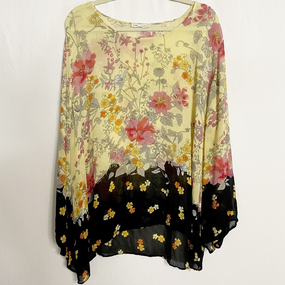 Ulla Popken 3X Semi-Sheer Boho Mixed Floral Print Blouse Top Sequin Accents
